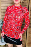 Red paisley mesh sheer long sleeve women blouse XCH16358