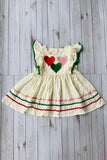 Red pink green hearts & green pompoms cream girls dress DLH2886 A8S4
