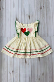Red pink green hearts & green pompoms cream girls dress DLH2886 A8S4
