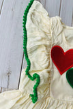 Red pink green hearts & green pompoms cream girls dress DLH2886 A8S4