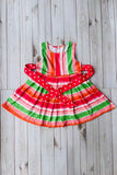 Mutli color stripes printed sleeveless girls dress with belt DLH2888