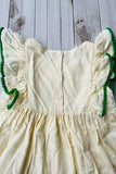 Red pink green hearts & green pompoms cream girls dress DLH2886 A8S4