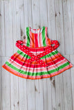 Mutli color stripes printed sleeveless girls dress with belt DLH2888