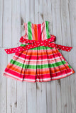 Mutli color stripes printed sleeveless girls dress with belt DLH2888