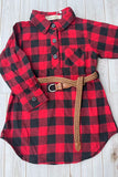 Christams Red black checkered long sleeve girls dress with pocket & belt XCH03030