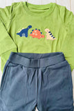Dinosaur embroidery green top & navy blue pant 2pc boy sets 250925M