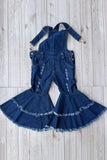Restock--One piece adjustable washed blue denim fabric double ruffle girls jeans 250932M