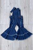 Restock--One piece adjustable washed blue denim fabric double ruffle girls jeans 250932M