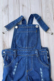 Restock--One piece adjustable washed blue denim fabric double ruffle girls jeans 250932M
