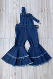 Restock--One piece adjustable washed blue denim fabric double ruffle girls jeans 250932M