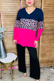 Navy blue & Leopard & Hot pink color block long sleeve women top BQ14198 CS5