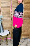 Navy blue & Leopard & Hot pink color block long sleeve women top BQ14198 CS5