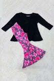 Knitted black long sleeve top bows printed pink pant 2pcs girls sets XCH04040 A3S1