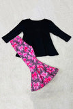 Knitted black long sleeve top bows printed pink pant 2pcs girls sets XCH04040 A3S1