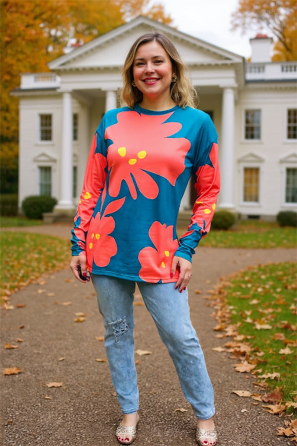 Coral/yellow floral printed long sleeve teal women tops BQ15645 BS10
