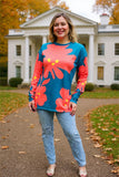 Coral/yellow floral printed long sleeve teal women tops BQ15645 BS10