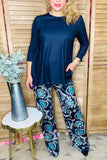 Blue 3/4 sleeve top & paisley printed pant 2pcs women sets GJQ15672 (IS5)