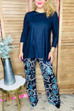 Blue 3/4 sleeve top & paisley printed pant 2pcs women sets GJQ15672 (IS5)