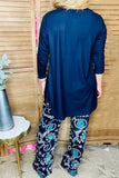 Blue 3/4 sleeve top & paisley printed pant 2pcs women sets GJQ15672 (IS5)