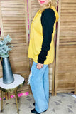 Knitted waffle yellow & black raglan long sleeve hoodie women top BQ15467 (AS12)