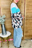 Western white & turquoise & cow printed long sleeve women top XCH13893 AS11