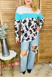 Western white & turquoise & cow printed long sleeve women top XCH13893 AS11
