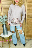 Gray hoodie w/string & leopard printed front pocket long sleeve women tops DLH15630