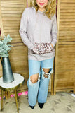 Gray hoodie w/string & leopard printed front pocket long sleeve women tops DLH15630