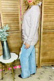 Gray hoodie w/string & leopard printed front pocket long sleeve women tops DLH15630