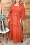 Polka dots rust puff long sleeve maxi women dress XCH16725
