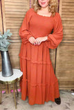 Polka dots rust puff long sleeve maxi women dress XCH16725