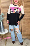 Black & beige & cow printed color block long sleeve women top XCH14263