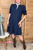 Navy blue short sleeve ruffle hem women dress w/striped XCH16533
