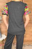 Floral embroidery puff sleeves black women blouse XCH16351