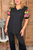 Floral embroidery puff sleeves black women blouse XCH16351