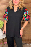 Floral embroidery lantern sleeves black knitted women blouse XCH16540