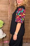 Floral embroidery lantern sleeves black knitted women blouse XCH16540