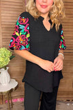 Floral embroidery lantern sleeves black knitted women blouse XCH16540