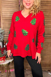 Sequin Christmas tree red knitted fabric long sleeve women top XCH16598 CS4