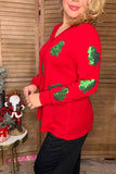 Sequin Christmas tree red knitted fabric long sleeve women top XCH16598 CS4