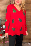 Sequin Christmas tree red knitted fabric long sleeve women top XCH16598 CS4