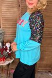 MERRY embroidery turquoise & sequin long sleeve women blouse XCH16654(FS3)