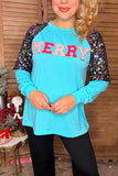 MERRY embroidery turquoise & sequin long sleeve women blouse XCH16654(FS3)