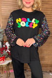 Christmas HOLLY JOLLY embroidery black sequin long sleeve women blouse XCH16572