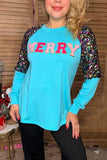 MERRY embroidery turquoise & sequin long sleeve women blouse XCH16654(FS3)