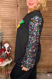 Christmas HOLLY JOLLY embroidery black sequin long sleeve women blouse XCH16572