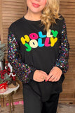 Christmas HOLLY JOLLY embroidery black sequin long sleeve women blouse XCH16572