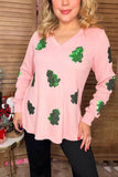 Sequin green christmas tree patch pink long sleeve women top XCH16671