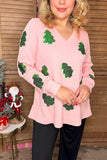 Sequin green christmas tree patch pink long sleeve women top XCH16671