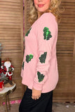 Sequin green christmas tree patch pink long sleeve women top XCH16671